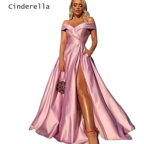 Cinderella Pink Off The Shoulder Zipper Back Satin Pleated Evening Dresses Long Party Evening Gowns Sexy Evening Dresses