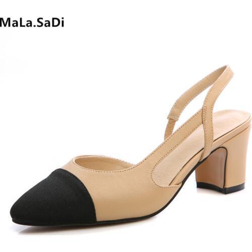 2019 Fashion Summer Office Lady Pumps High Quality Womens Genuine Leather Mid-Heels Close Toe Sandals Sexy Sweet Dress Shoes
