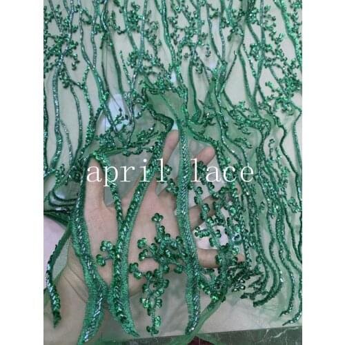 Ww001 # 2019 new stock green 5yards/lot hand made beads sequin embroidery tulle mesh lace fabric for wedding bridal dress /party