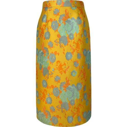 PERHAPS U Yellow Floral Print Knee Length Straight Zipper Skirt Empire High Street Summer S0209