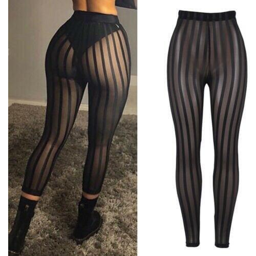 2019 Sexy Striped Mesh Perspective Women Pants High Waist Ankle-Length Slim Trousers See-through Clubwear Sexy Pants New S-XL