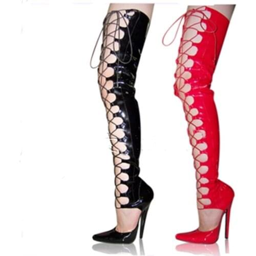 Rome Lace Up Boots Thin High Heel Sexy Pointed Toe Over The Knee Summer Boots Black Red Tie Up Gladiator Women Boots