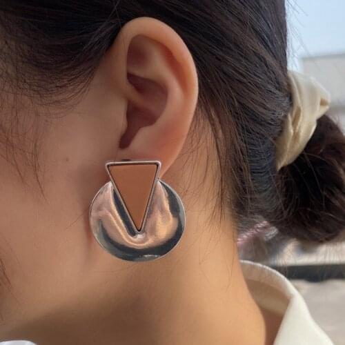 AENSOA Vintage Silver Color Simple Round Pendant Earrings for Women Charming Triangle Hanging Geometric Earring Big Ear Jewelry