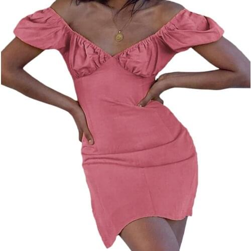 Women’s Off Shoulder Mini Dress, Sexy V Neck Short Puff Sleeve Solid Color A Line Dress