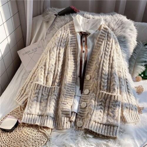 Winter New Thicken Warm Knitted Women Cardigan Sweaters V-Neck Pocket Long-Sleeved Loose Female Outwear Coats Tops