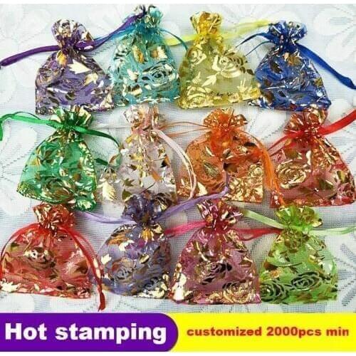 7x9 13x18cm Hot Stamping Rose Flower Jewelry Packaging Bags Organza Small Gift Bag Drawstring Wedding Party Decoration Supplies