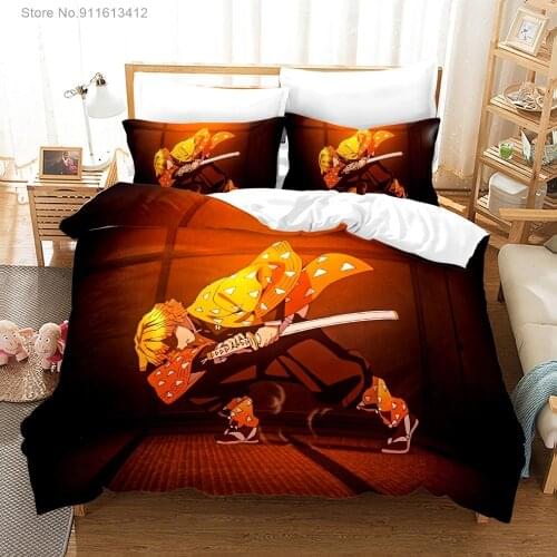 Japan Anime Home Textile Cartoon Bedding Set Demon Slayer Kimetsu No Yaiba Pillowcase Duvet Cover Set Kids Bedroom Decoration
