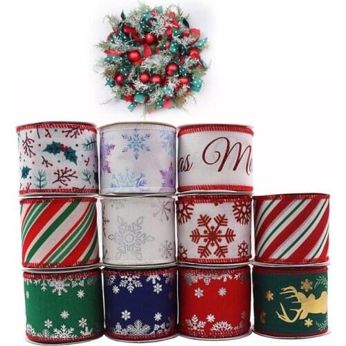 5Yards 6.3cm Width Christmas Pattern Polyester Ribbon Iron Wire Edge DIY Holiday Party Decoration Bows Material