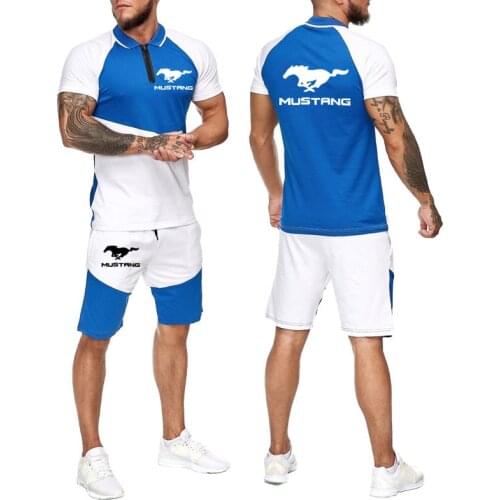 Mustang car logo Print Hot sale Men Summer Cotton Stitching color Business Slim Mens short sleeve shorts 2-piece set