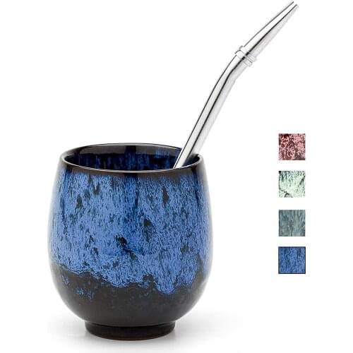 Yerba Mate Set Ceramic Tea Cup Drinking with Bombilla Straw and Cleaning Brush