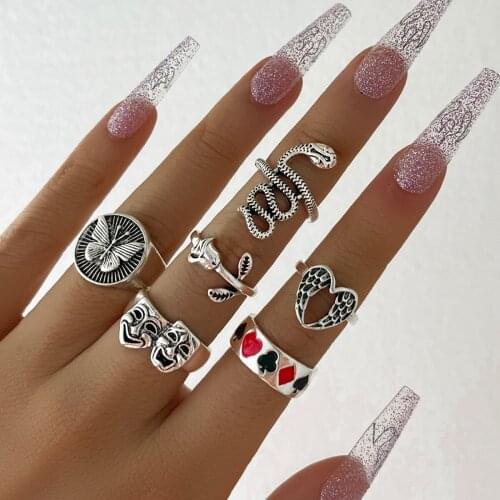 Aprilwell 6 PCs Gothic Silver Color Ring Set For Women Punk Aesthetic 2021 Trend Snake Kpop Anillos Anel Jewelry Free Shipping