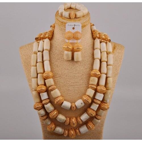 Nigerian Wedding African Beads 24inches Coral Necklace Jewelry Set for Bride Dubai Gold Bridal Set