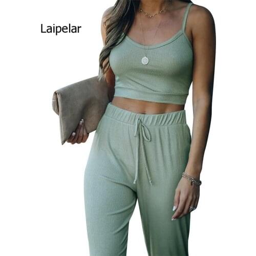 Spring and Summer 2021 New Womens Wear Solid Color Short Sling with Pants Sports Leisure Two Piece Set