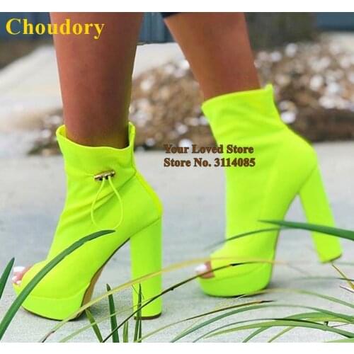 Choudory Lime Green Hot Pink Stretch Lycra Short Boots Chunky Heels Platform Ankle Boots Lace-up Open Toe Dress Shoes Pumps