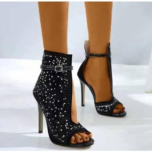 Rimocy Sexy Thin Heel Crystal Ankle Boots Women Peep Toe Buckle High Heels Boots Woman Plus Size Black Pumps 43 Party Shoes