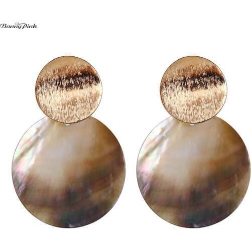 Banny Pink Bohemia Natural Shell Round Disc Stud Earrings For Women Chic Metal Geometric Statement Post Earrings Exquisite Gift