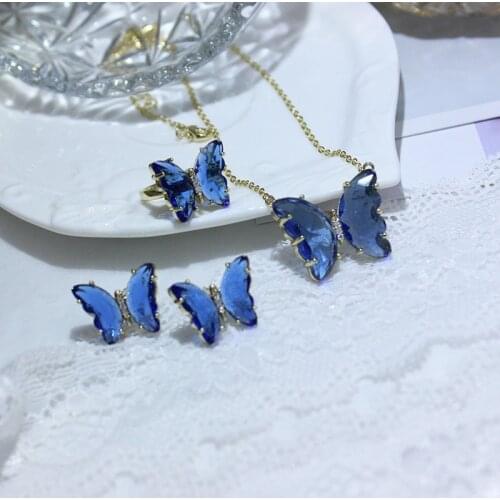 Delicate Zircon CZ Blue Crystal Butterfly Stud Earrings for Women 14K Gold Plated Pendant Necklaces Rings Jewelry Set