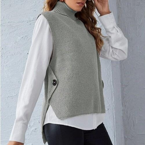 Chic Fashion Solid Knitted Vest Women Loose Comfortable Pullovers Jumpers New High-neck Sleeveless Sweater Button Knit Vests