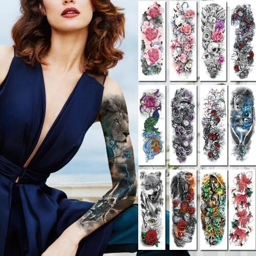 Large Arm Sleeves Tattoos Waterproof Temporary Rose Lotus Women Girl Flower Tattoo Sticker Skull Angel Men Full Fake Black Tatoo
