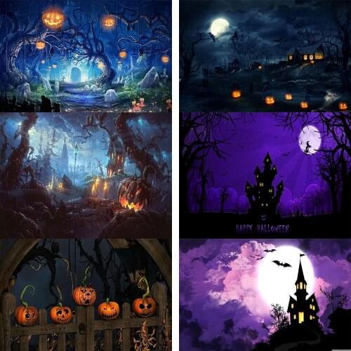 Halloween Themed Photography Backdrop Moon Night Spooky Forest Pumpkins Lantern Background Dead Trees Haunted House Party Banner