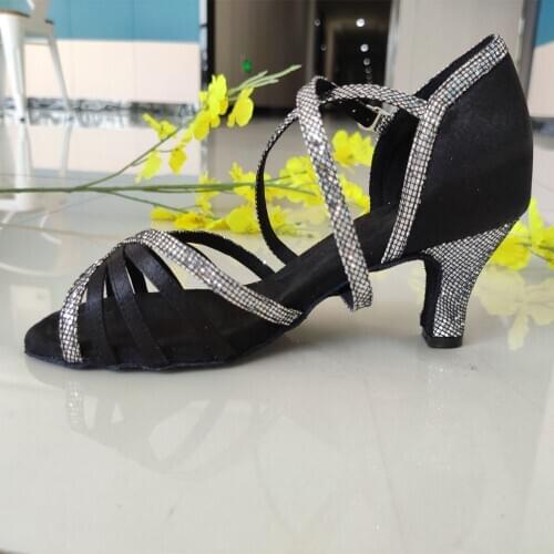 Hot sale Womens Girls Ballroom Latin Tango Dance Shoes heeled 5-10cm Black Satin Glitter Dance Shoes Women Free Shipping