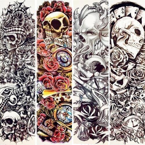 King Leoric Waterproof Temporary Tattoo Full Arm Stickers Men Skeleton Women Makeup Water Transfer Tattoo Girl Boy Black Tatoos