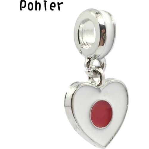 Japan Flag ,Red&W Enamel Heart Pendant European Beads Fit Charms Bracelets&Bangle DIY Jewelry