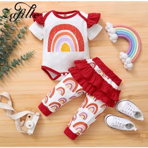 ZAFILLE Summer Girl Sets Rainbow Baby Bodysuit +Ruffles Pants 2pcs Child Suit 0-18M Kids Newborn Baby Clothes Outfits