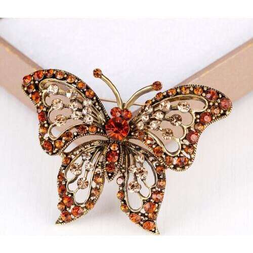 Vintage Animal Series Orange Rhinestones Butterfly Brooches Women Girls Brooch Pins Fashion Jewelry Wedding Accessories