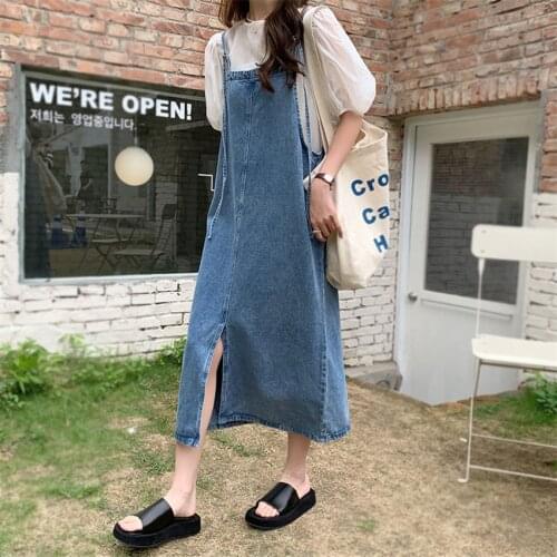 2021 Robe Jeans Dress Women Suspenders Denim Dress Preppy Style Fashion Long Sundress Robe Femme