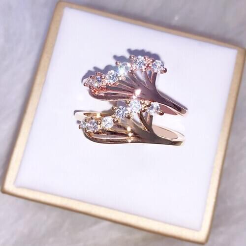 Temperament Female Gold Fan-shaped Retro Wind Ring Unique Fashion Zircon Wedding Ring Delicate Romantic Gift Free Shipping