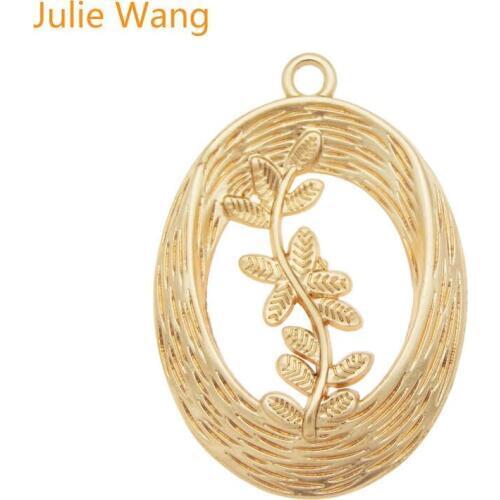 Julie Wang 3PCS Oval Branch Rattan Charm KC Gold Leaves Alloy Necklace Pendant Earrings Findings Jewelry Making Accessory