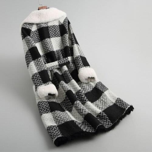 Winter Elegant Drawstring Waist Womens Woolen Overcoats Medium Length Fleece Lining Thick Warm Office Ladies Plaid Tweed Coats