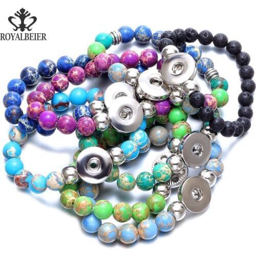 10pcs/lot Multi Color Emperor Stone Stretched Beaded Snap Bracelet Beads Bracelet Fit 18mm Snap Button 20mm Snap Jewelry SZ0489