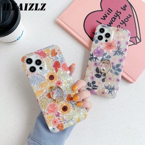 Phone Case with Ring Holder for iPhone 12 Mini 11 Pro Max XR XS 7 8 Plus SE 2020 Shell Flower Pattern Shockproof Soft IMD Cover