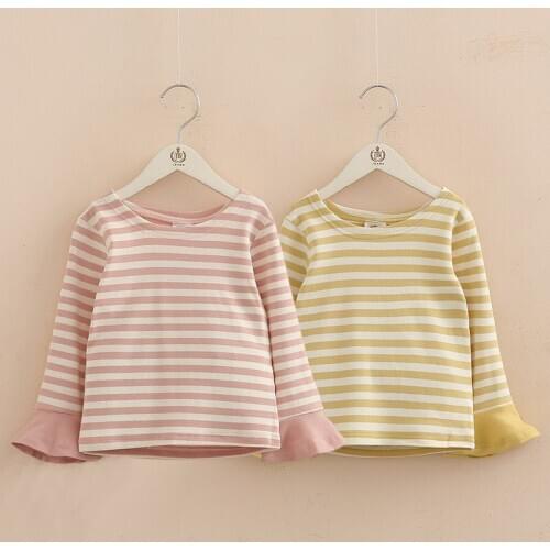 Brand Spring Autumn 2-11 12 Year Teenager Children Sweet Striped O-Neck Baby Long Flare Trumpet Sleeve Kids Girls Basic T-Shirts