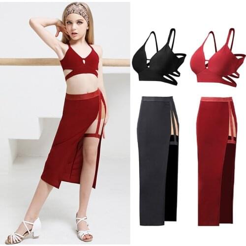 Kids Latin Dance Costume Bandage Tops Slit Dancing Skirt Girls Summer Latin Practice Clothing ChaCha Performance Outfit DNV14743