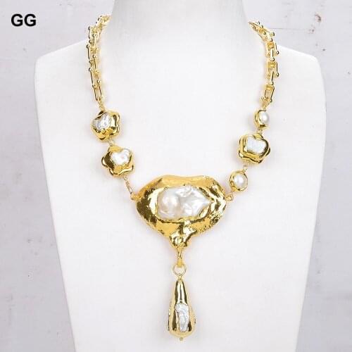 GuaiGuai Jewelry Natural Cultured White Keshi Flower Pearl Chain Necklace Big Pearl Pendant 20"