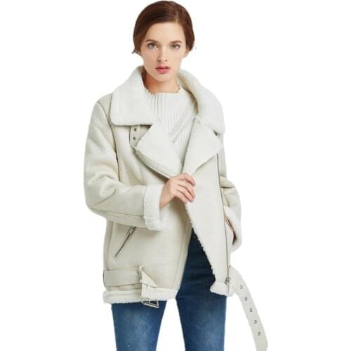 FTLZZ Winter Faux Lamb Leather Jacket Women Lambs Sheepskin Fur Collar Coat Zipper Loose Warm Coat Female Warm Thick Outerwear