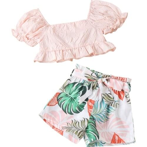 2Pc Toddler SummerTracksuit Solid Color Puff Sleeve Crop T-shirt Leaf Print High-Waist Shorts Suit for Little Baby Girl