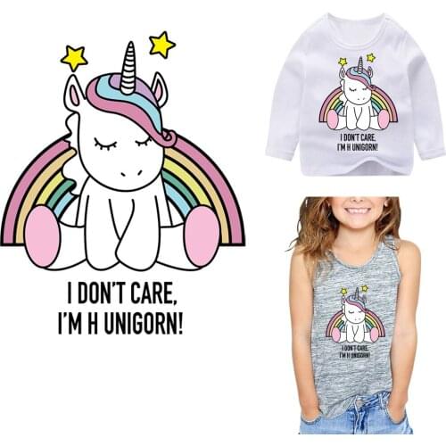 Cute Rainbow Unicorn Iron On Transfer Patches For Clothing Thermal Sticker For Girls T-Shirt Dress Stripes Heat Print DIY Decal