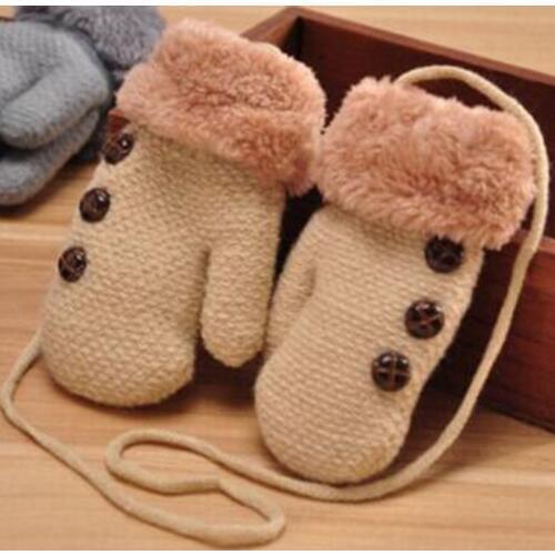 Lovely Winter Children' s Knitting Button Mittens Double Thickening Warm Kids Gloves Boy/Girls Plush Cuffs Fur Wool Gloves L39