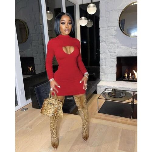 Full Sleeve Mini Dresses Woman Party Night Club Autumn High Collar Sexy Cut Out Skinny Fit Short Dress Bright Line Decoration