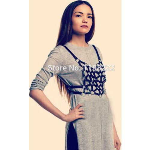 Sexy Punk Streepy Gothic Leather Top Bra Handcrafted Harness Weave Rivet Frame Caged Chest Body Waist Belt Straps