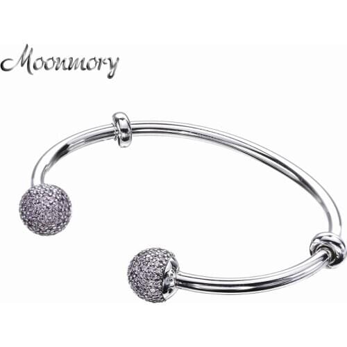 Moonmory 925 Silver Jewelry 925 Sterling Silver Open Bangle With Screw Fits For DIY Beads Pink Stone Moment Bangle