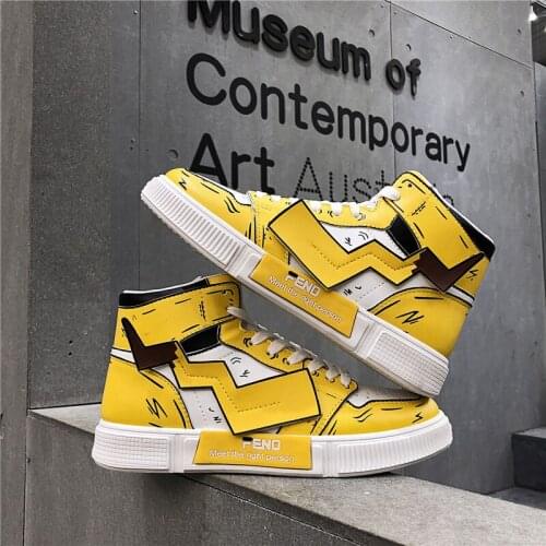 Mens Pikachu Shoes Sneakers Graffiti PU Leather Classic High Top Men Vulcanized Shoes Casual Mens Boots Male Zapatos Hombre
