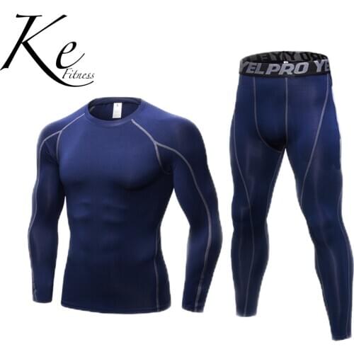 KE Mens PRO tight fitness sports training suit stretch quick-drying suit long sleeve + pants sport set men
