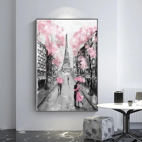 Pink Romantic City Couple Paris Eiffel Tower Landscape Canvas Painting Posters and Print Wall Art Pictures for Living Room Decor