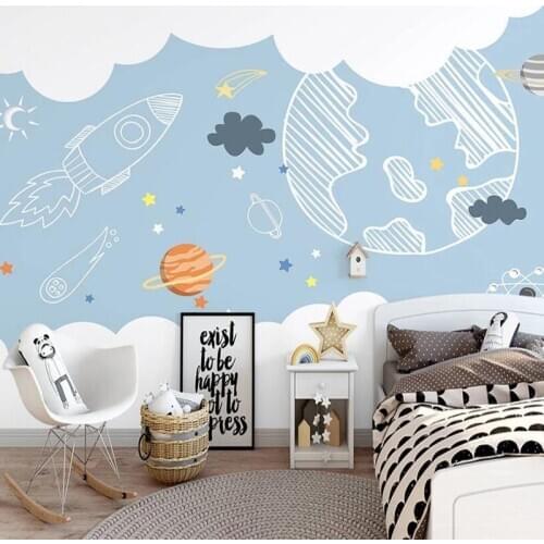 Custom 3D Wall Mural Nordic Hand-painted Minimalist Cartoon Space Planet Children Room Wallpaper Background Wall Mural Wallpaper
