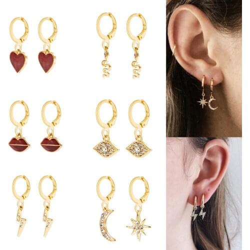 New Tiny Hoop Earrings For Women Girl Gold Cartilage Hoop Earrings Jewelry Heart Cross Star Moon Snake Lightning Charm Earrings